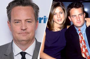 Matthew Perry wears a gray suit. He also appears in a suit while sitting next to Jennifer Aniston, who has on a navy blue dress and two black necklaces.