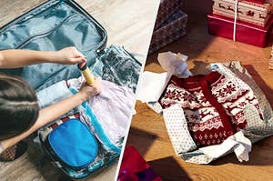 Split frame of a person packing a suitcase and unwrapped holiday sweater gift