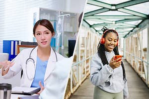 On the left is a doctor explaining something and on the right is a young woman looking at her phone