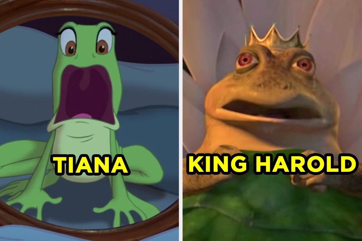 On the left, Tiana from The Princess and the Frog in her frog form, and on the right, King Harold from the Shrek series in his frog form