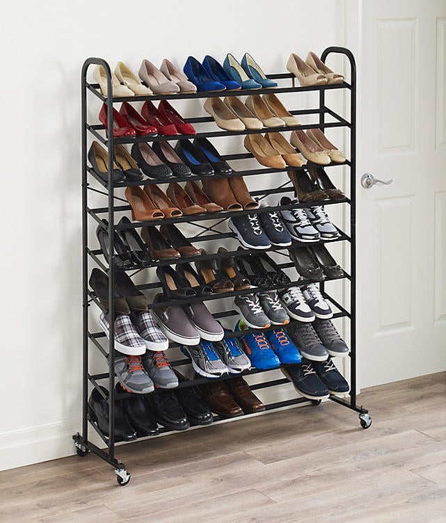 A shoe rack full of colorful shoes
