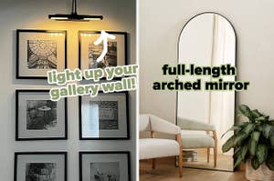 reviewer photo of wireless picture light over gallery wall / full-length arched mirror