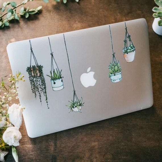 a laptop with five hanging plant stickers on it