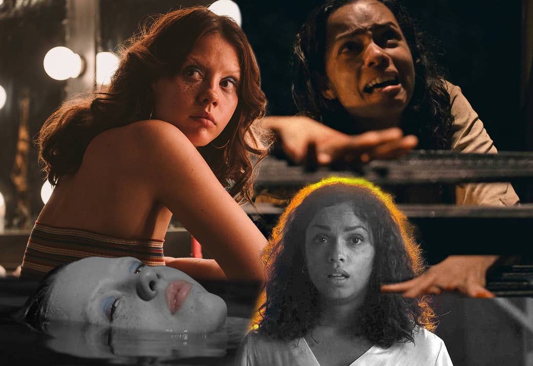 Two stills of Maxine Minx (Mia Goth) in the movie &quot;X&quot; and two stills of Tess Marshall (Georgina Campbell) in the movie &quot;Barbarian&quot;