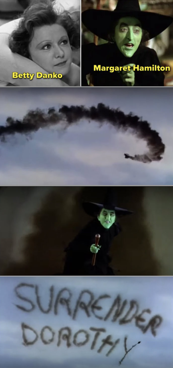 The Wicked Witch flying through the sky, plus close-ups of Betty and Margaret
