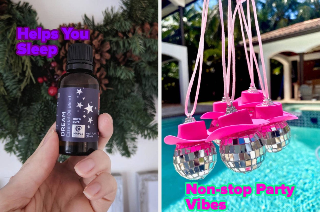side by side photos of a reviewer holding a bottle of essential oil and five mini disco balls with pink cowboy hats
