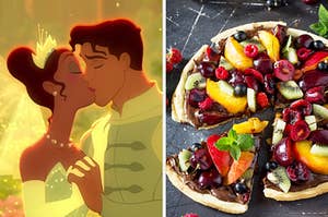 On the left, Tiana and Naveen from The Princess and the Frog kissing, and on the right, a pizza with a chocolate sauce and fruits on top