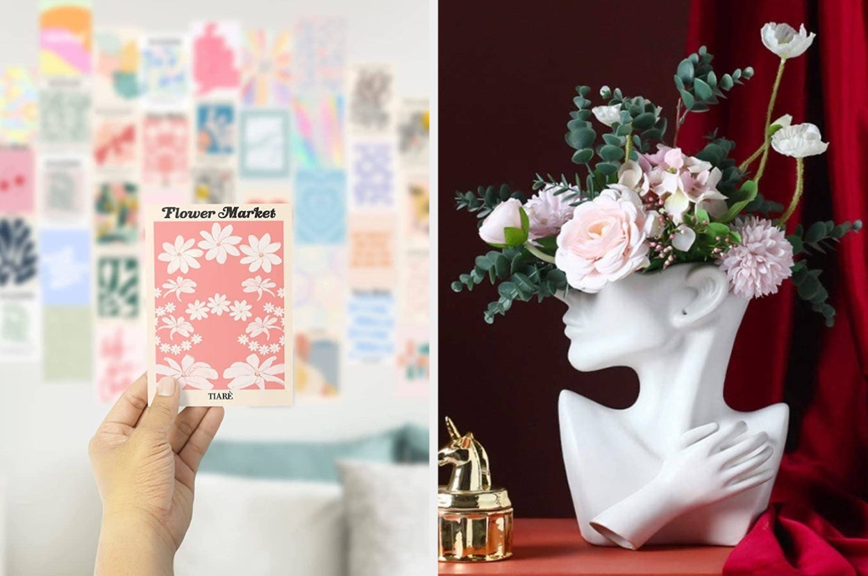 a mini cardstock poster and a bust-shaped vase filled with flowers