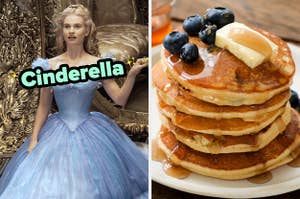 On the left, Lily James as Cinderella in the live-action movie, and on the right, a stack of pancakes topped with butter, syrup, and blueberries