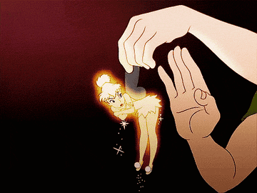 Animation of cartoon Tinkerbell being patted on the back and pixie dust falling down
