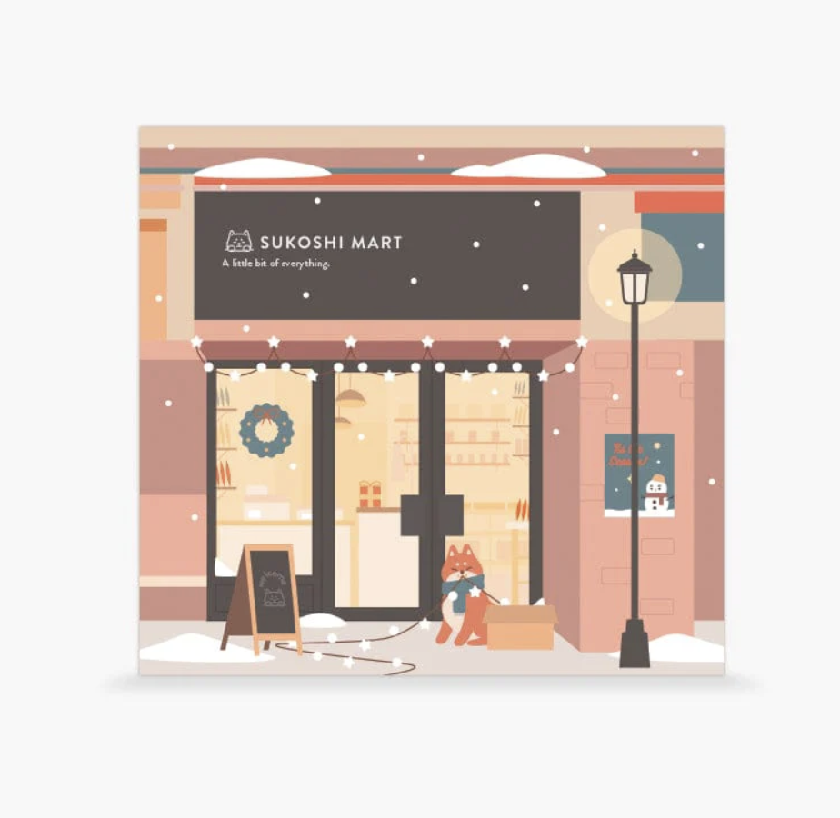 the front of the box showing a graphic of a storefront with snow