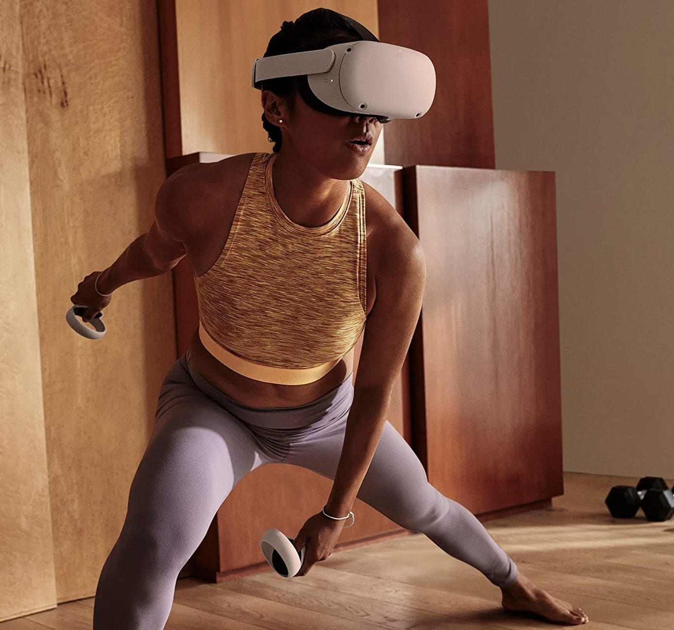 a model wearing the VR headset and holding a controller in each hand