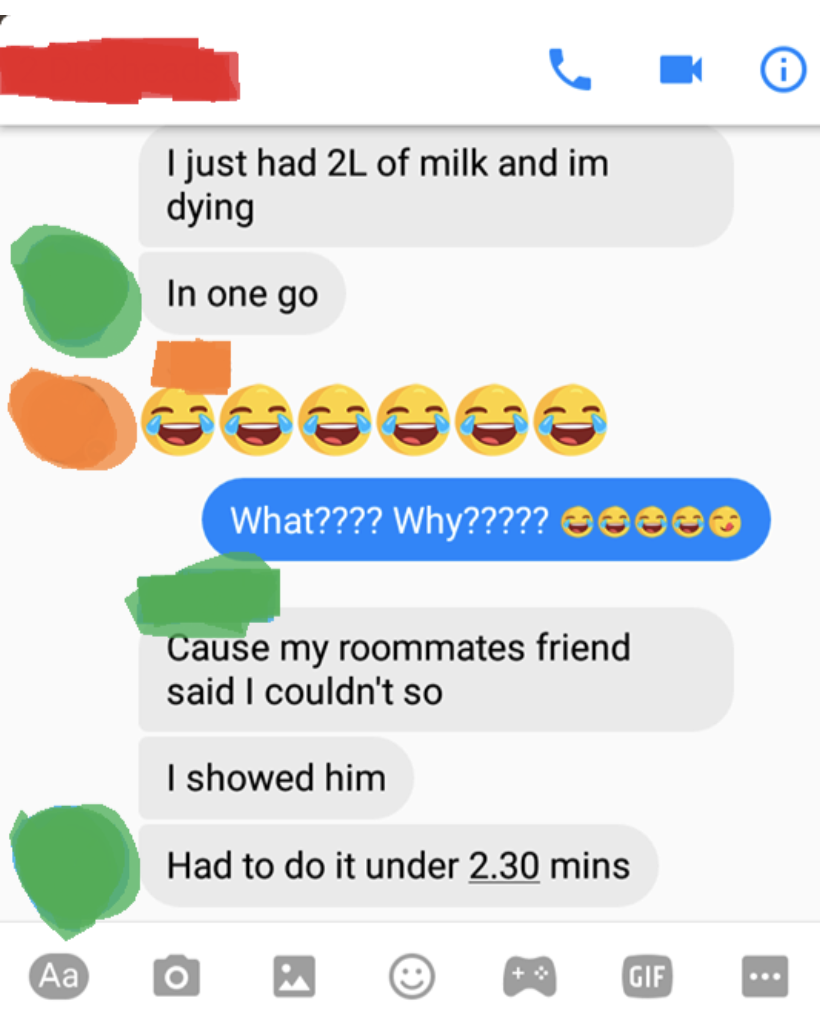text message saying they drank a whole 2 liters of milk in under 2.30 minutes