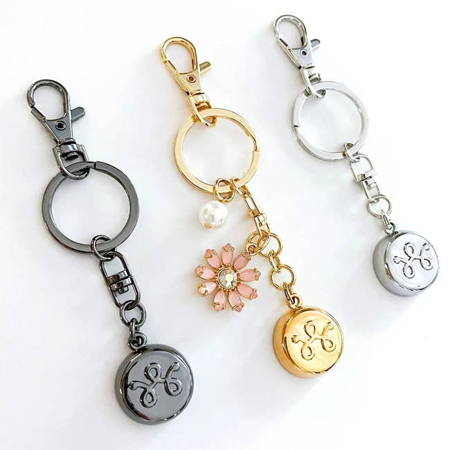 the keychain in black, gold, and silver