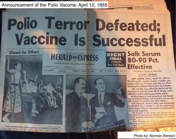 Herald-Express headline: &quot;Polio Terror Defeated; Vaccine Is Successful: Salk Serum 80-90 Pct Effective&quot;