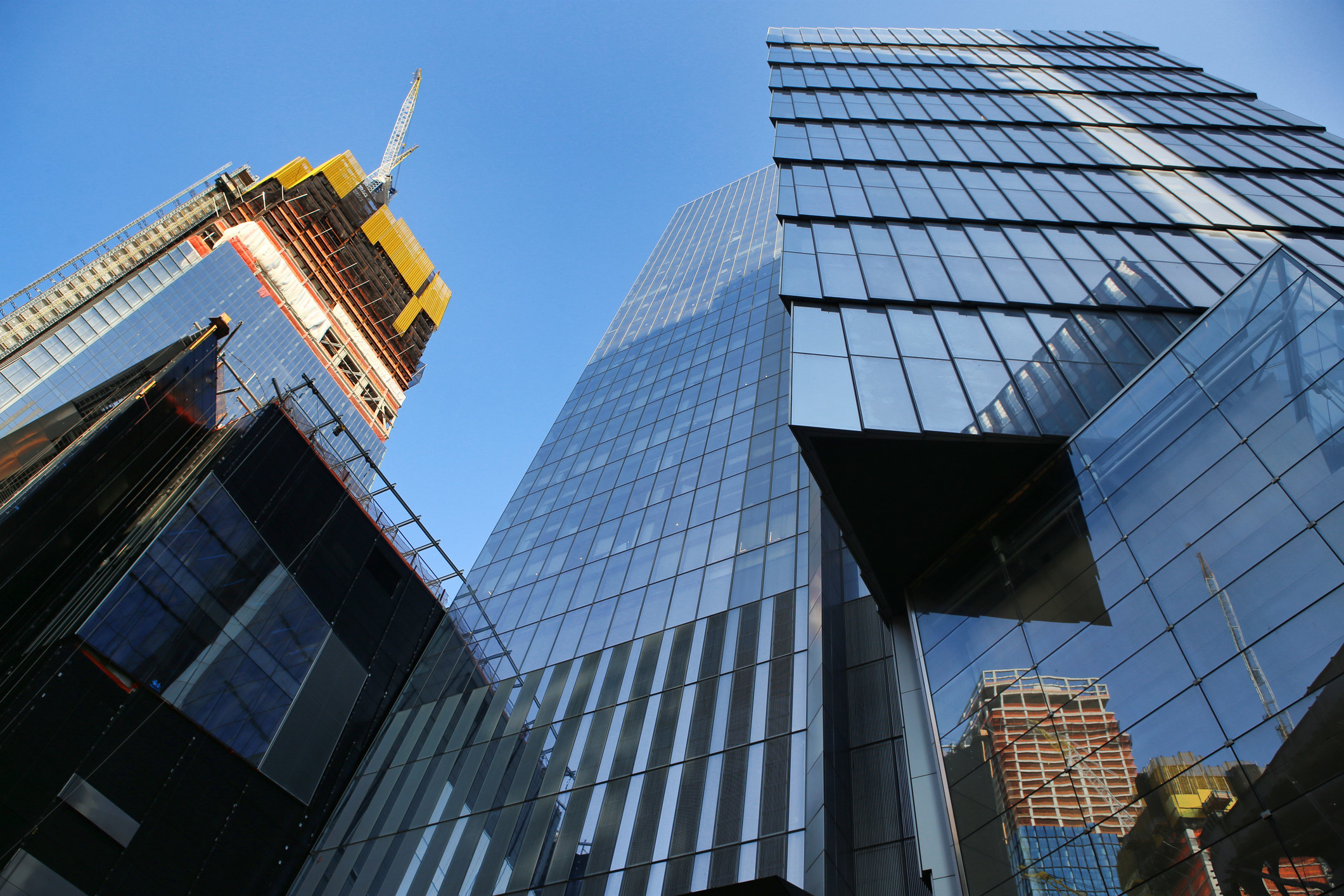 A view of high-rise buildings from below
