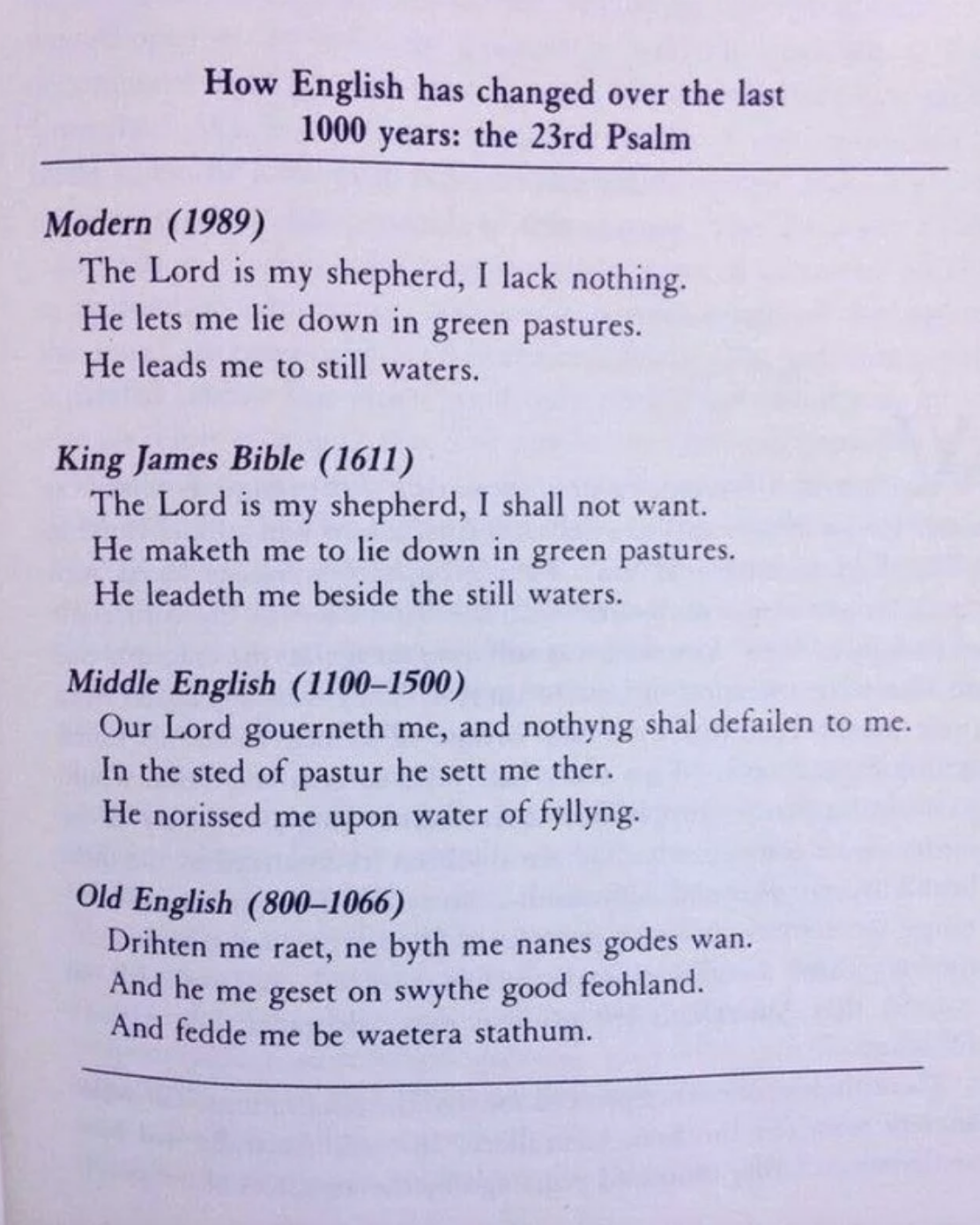 The 23rd Psalm from Old English to Middle English to the King James Bible version to modern English, a period of over 1,000 years, from 800 to 1989