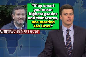 colin jost on "saturday night live" with ted cruz in inset