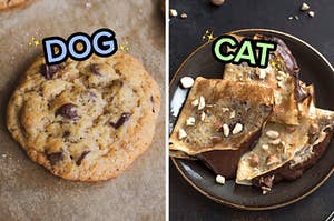 On the left, a chocolate chip cookie labeled dog, and on the right, some Nutella crêpes labeled cat