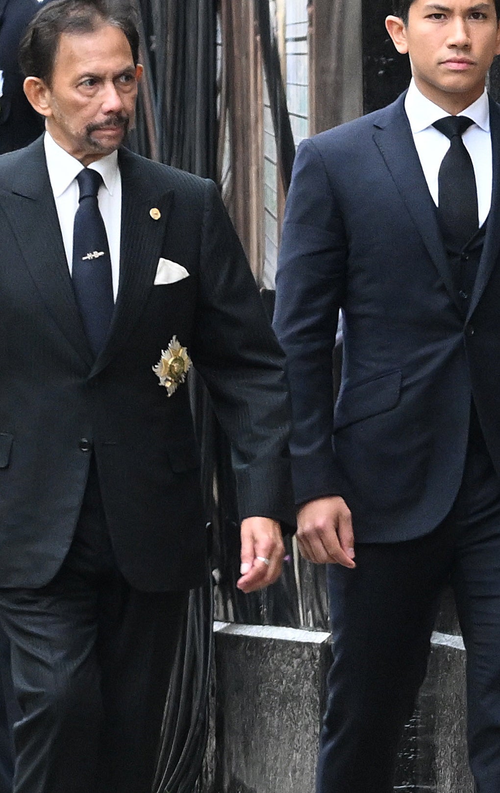 Sultan of Brunei Hassanal Bolkiah and Prince Abdul Mateen arrive for the State Funeral of Queen Elizabeth II at Westminster Abbey on September 19, 2022