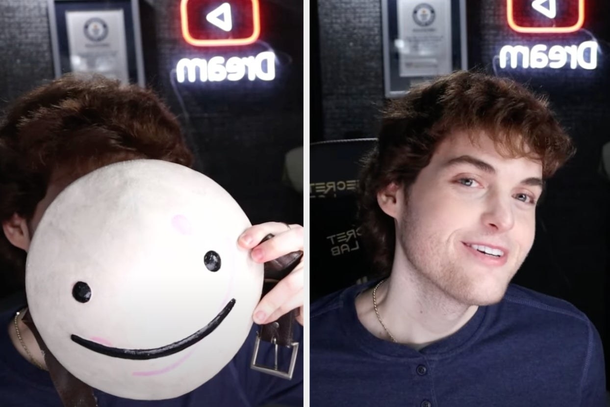 left: someone holding a smiley face cartoon over their face; right: a pale man smiling