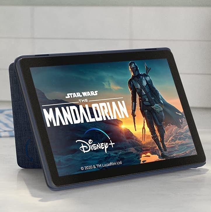 a Fire HD 10 Tablet showing The Mandalorian