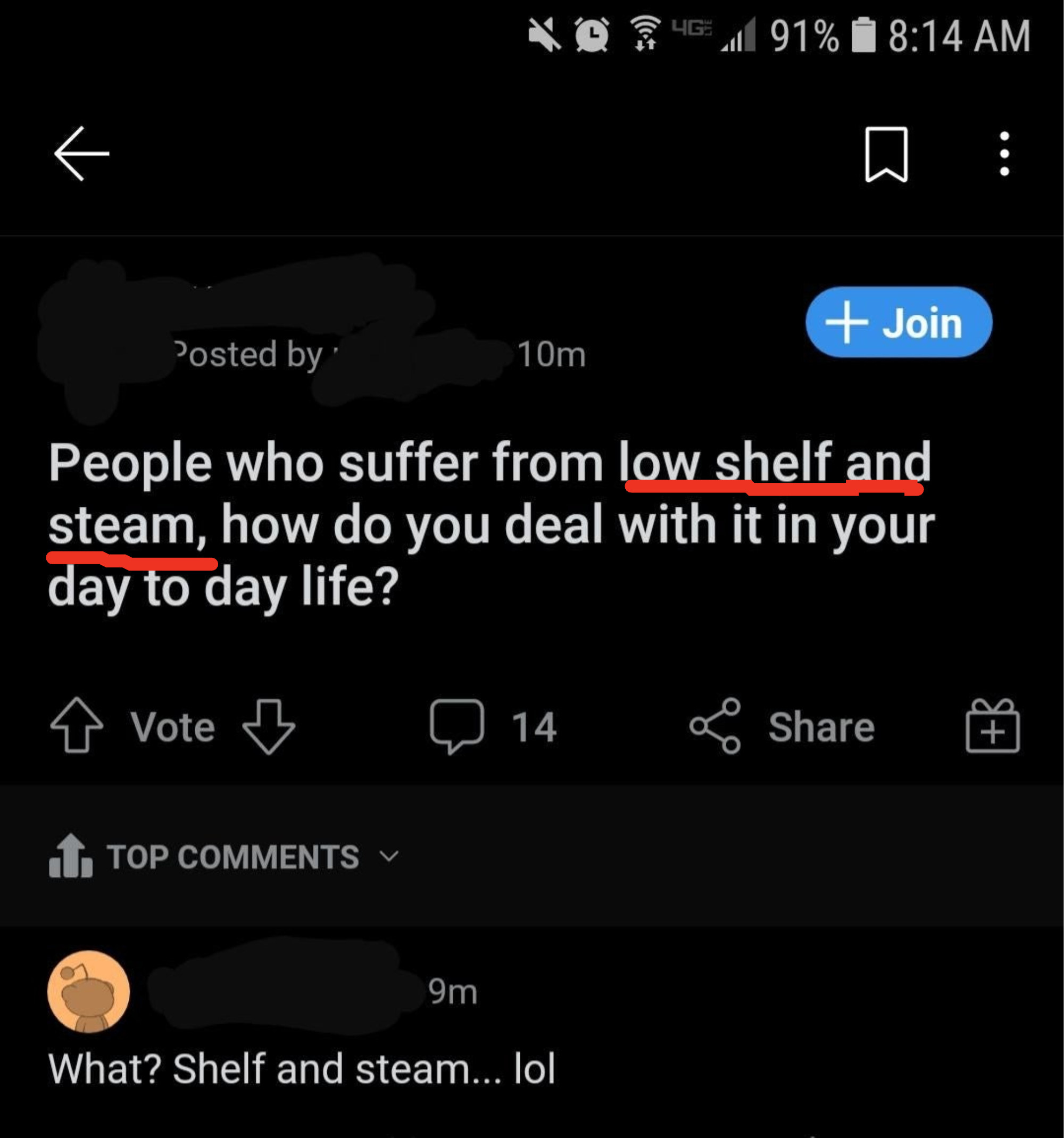 Person referring to people who suffer from &quot;low shelf and steam&quot; instead of low self-esteem