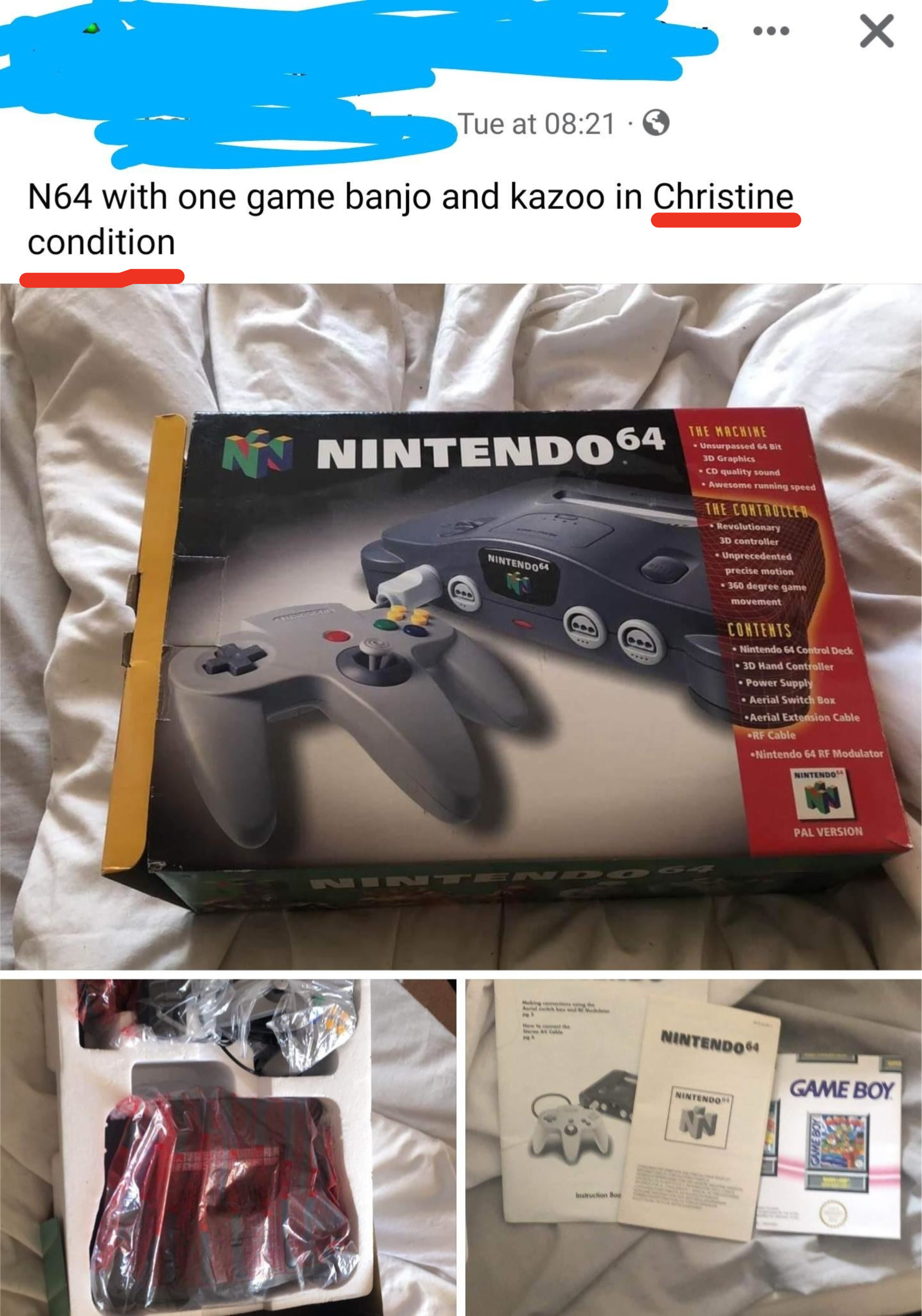 Person advertising a Nintendo product in &quot;Christine&quot; condition instead of pristine