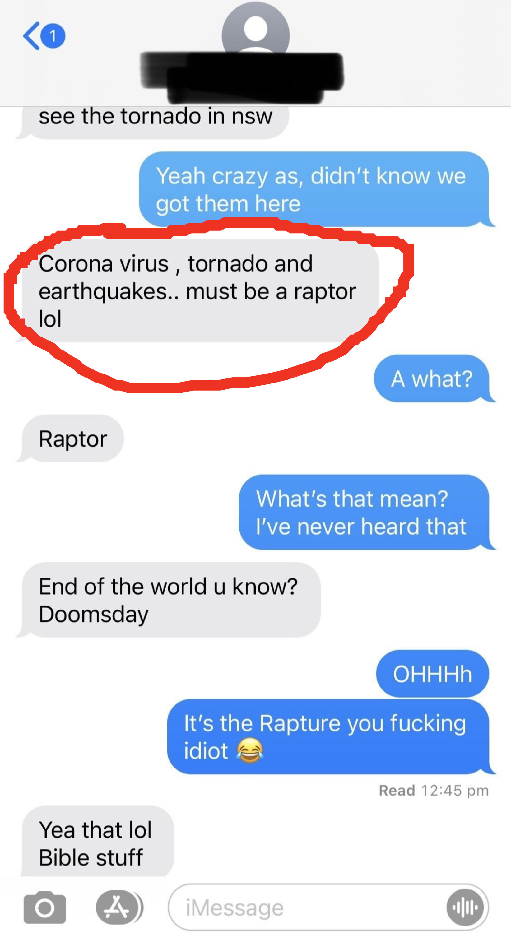 Person misspelling &quot;rapture&quot; in a doomsday convo