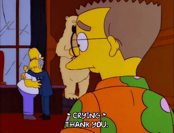 Simpsons cartoon characters hugging and saying thank you