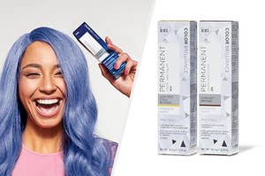 On the left is a woman with purple hair smiling while holding an ion product and on the right is two boxes of hair color