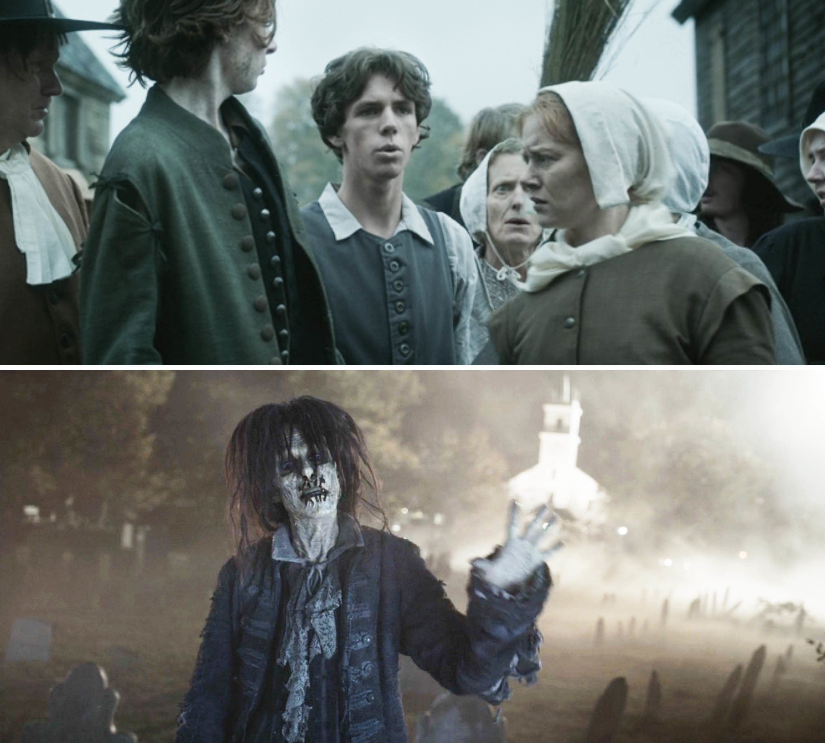 Billy in a crowd in period costume and as a ghoul