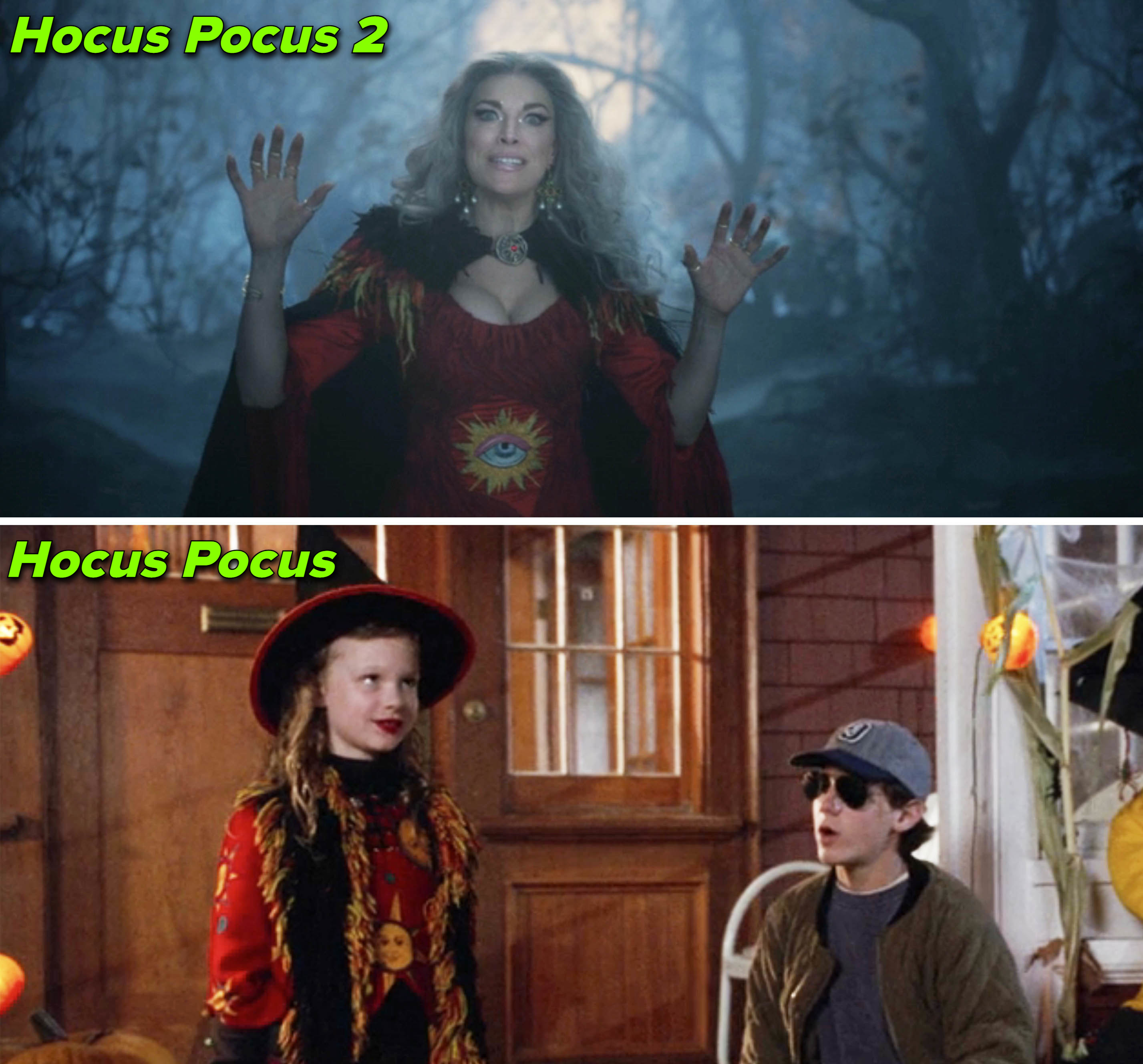 Both outfits include a high witch hat and a red-and-black costume