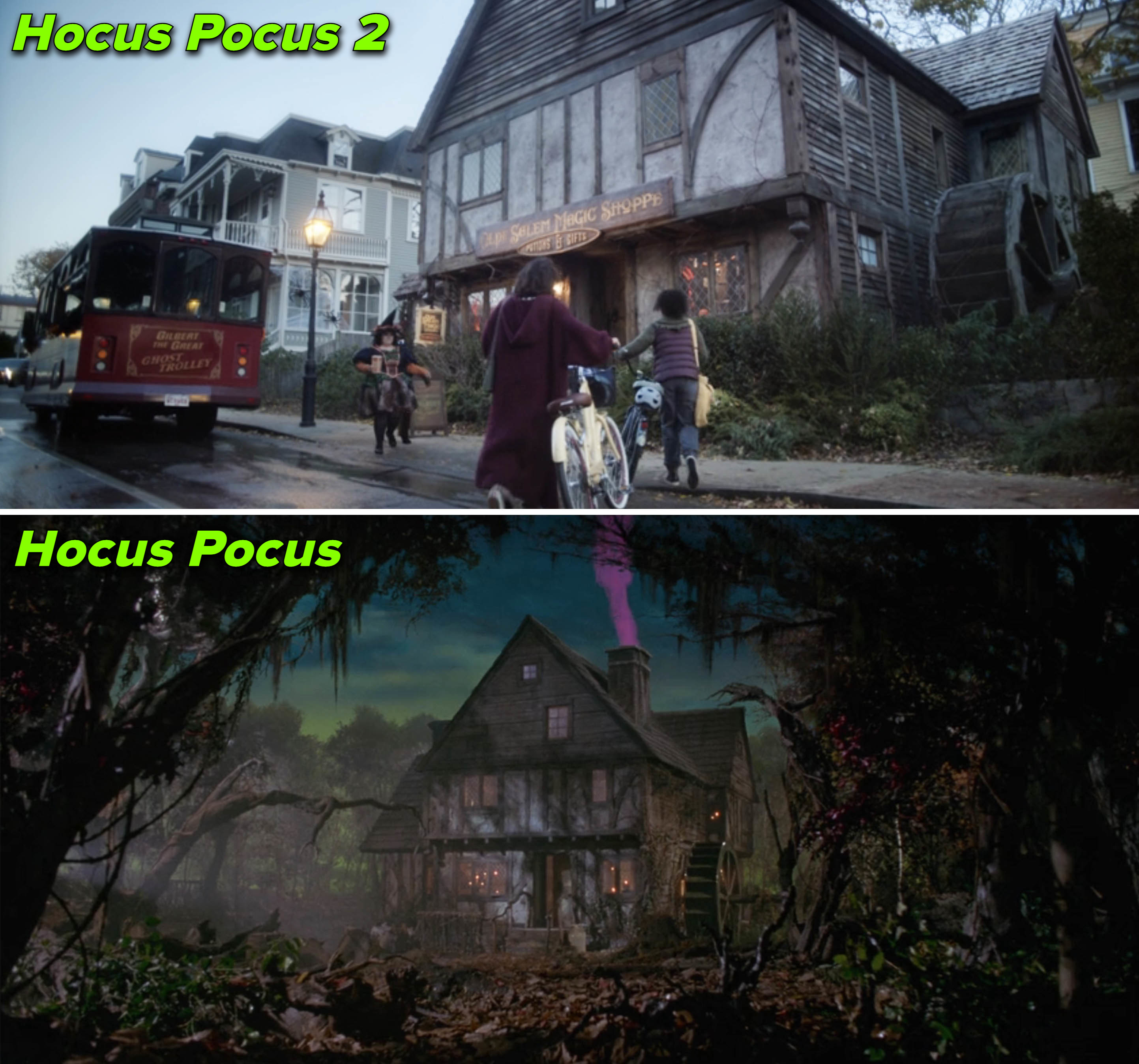 The house looking desolate in the original movie and restored on a busy street in Hocus Pocus 2