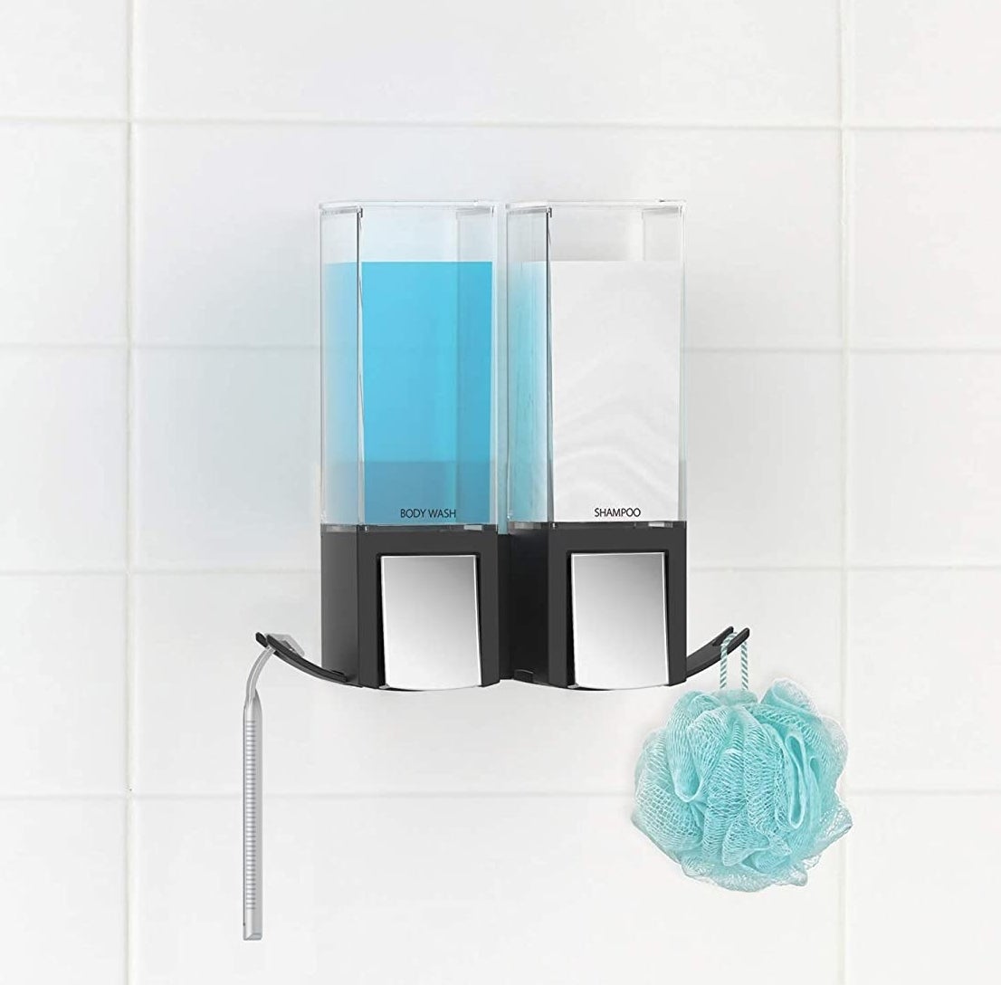 a two-compartment shower dispenser holding a loofah and a razor