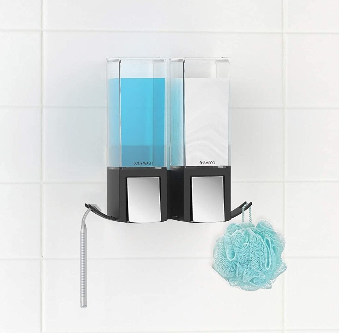 a two-compartment shower dispenser holding a loofah and a razor