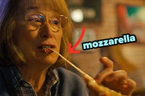 Meryl Streep eating pizza with a strong cheese pull as Mary Louise on Big Little Lies with an arrow pointing to the cheese and mozzarella typed next to it 