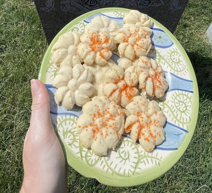 A hand holding a plate of cookies outside