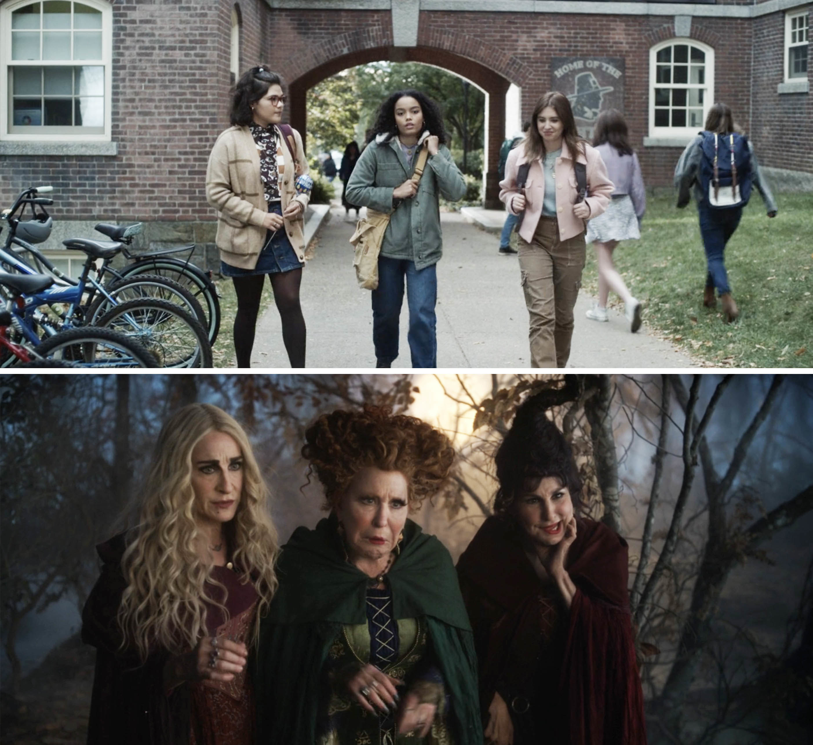 Becca, Izzy, and Cassie as young girls and as the Sanderson sisters
