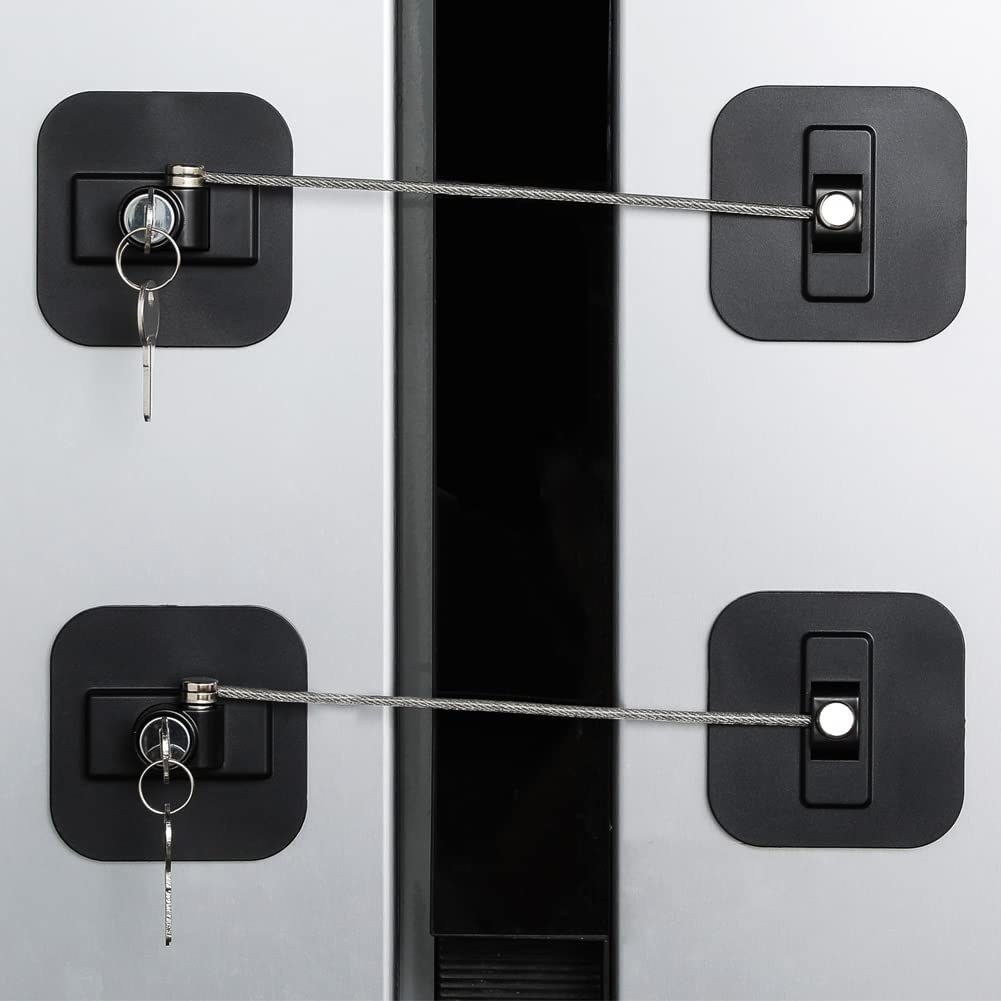 a pair of appliance locks joined by extra strong cable