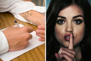 On the left, someone with math equations written on their arm with their shirt sleeve rolled up while they take an exam, and on the right, Aria form Pretty Little Liars making a shh motion