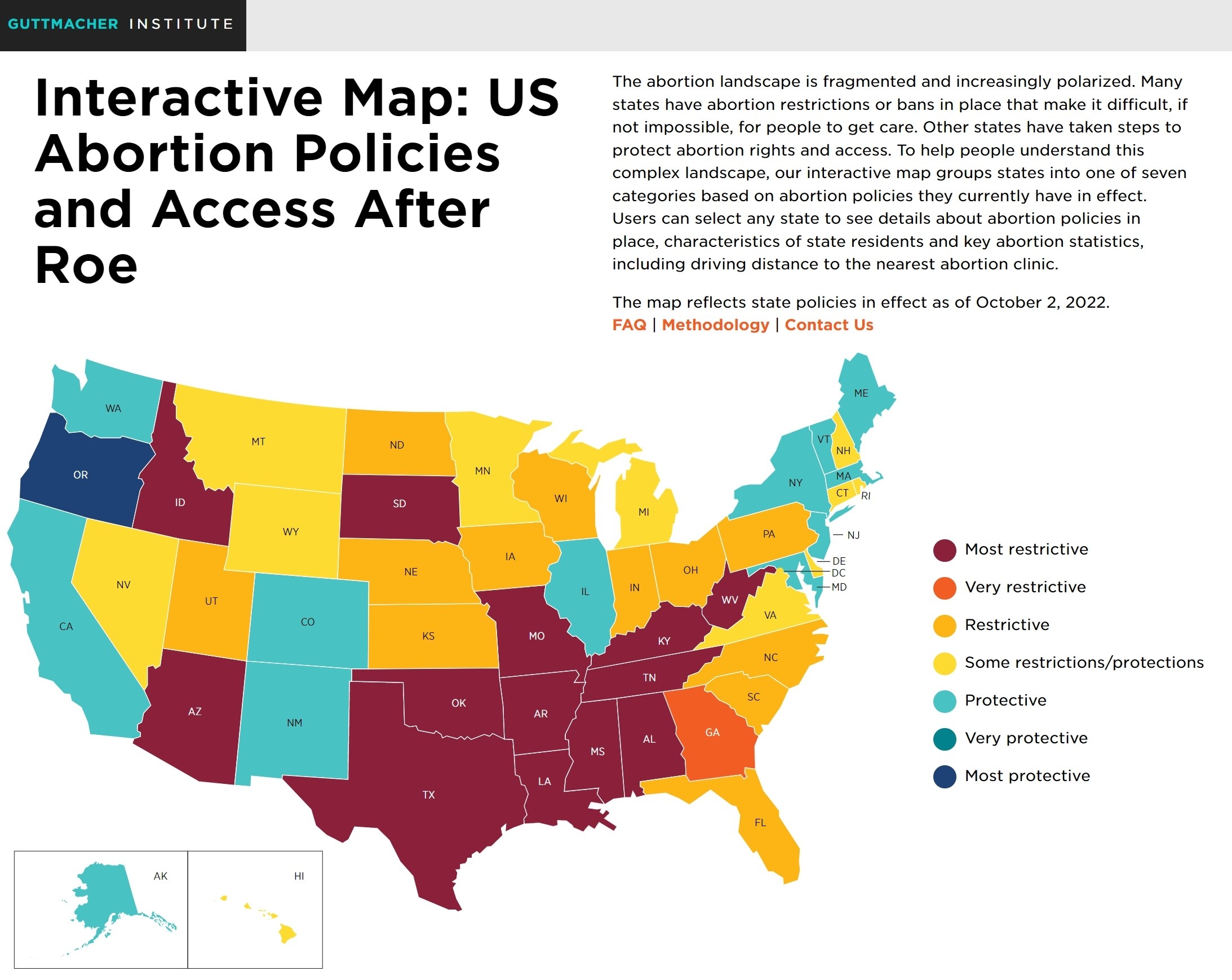 interactive map showing US abortion policies and access after Roe by the Guttmacher Institute