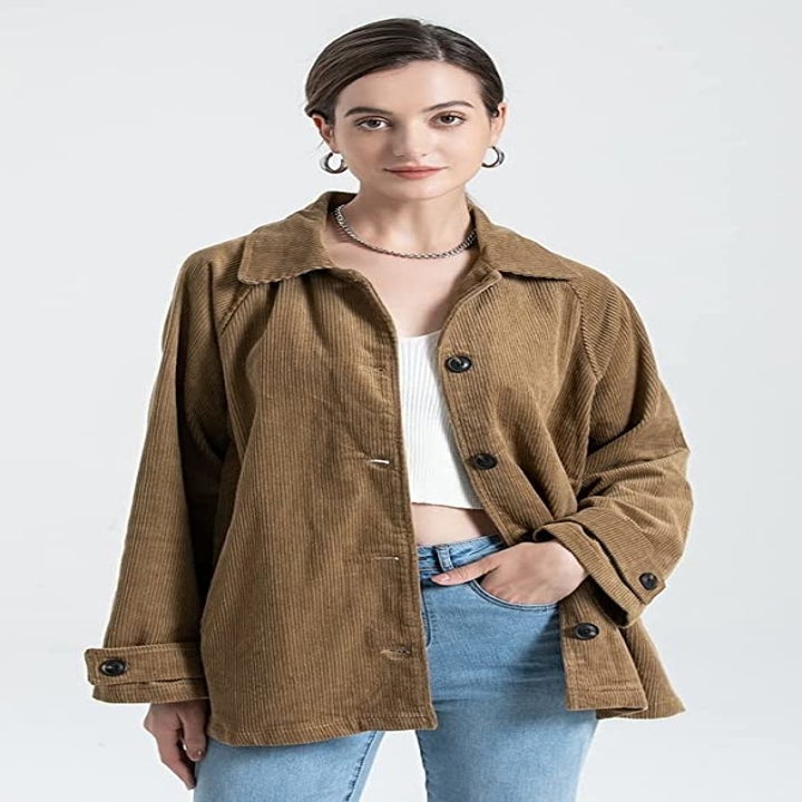 model in brown coat in different pose