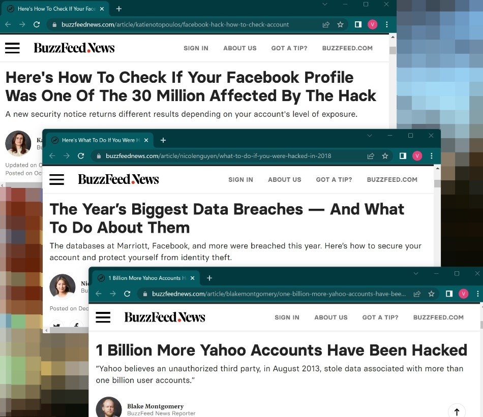 tabs of BuzzFeed News articles about cyber hacks