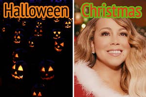 Pumpkins are on the left labeled, "Halloween" with Mariah Carey labeled, "Christmas"