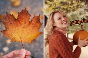 On the left, someone holding a fallen autumn leaf, and on the right, Kate McKinnon holding a pumpkin in an SNL sketch