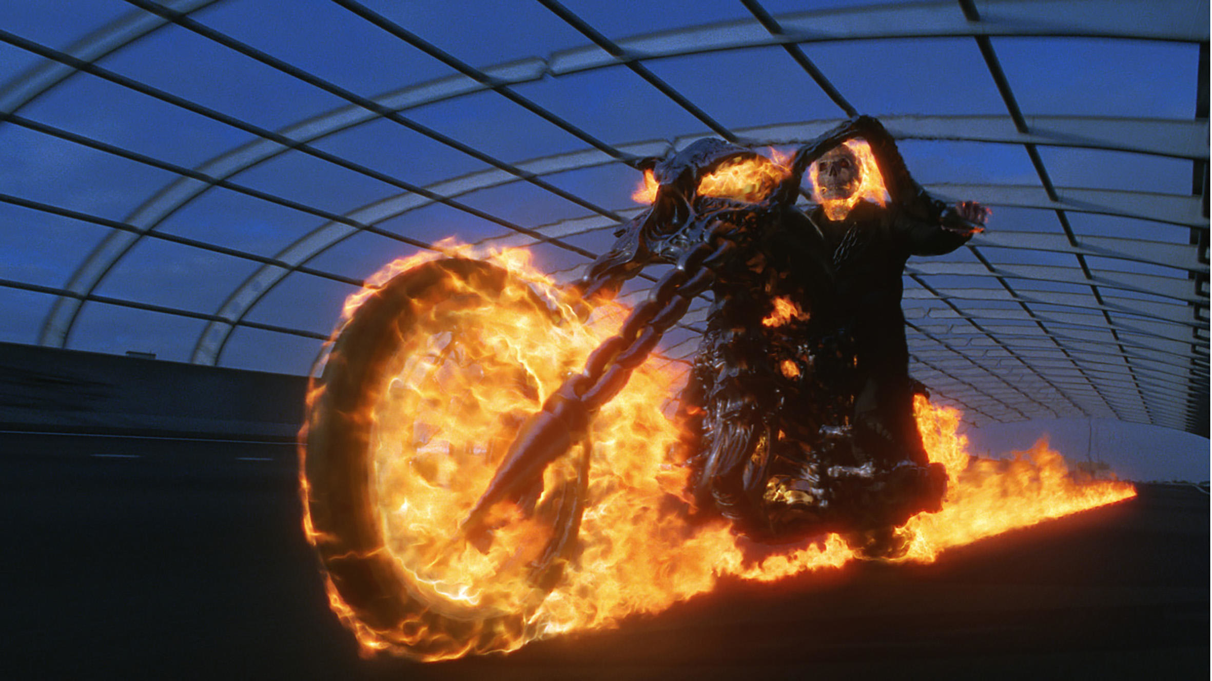 Johnny Blaze rides on a burning motorcycle in &quot;Ghost Rider&quot;