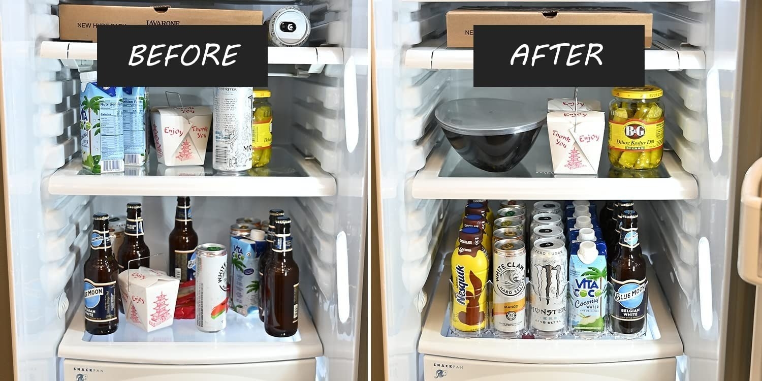 A before and after image showing the drink holder being used to organize a fridge