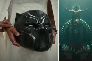 A woman holds the black panther helmet and a man rises from the water