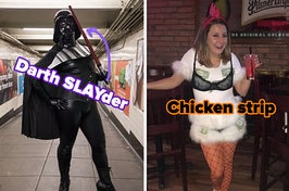 Darth SLAYder, with a corset, tight pants, and heels, and a "chicken strip" AKA a girl dressed as a chicken with a bra, fishnets, and money stuck to her